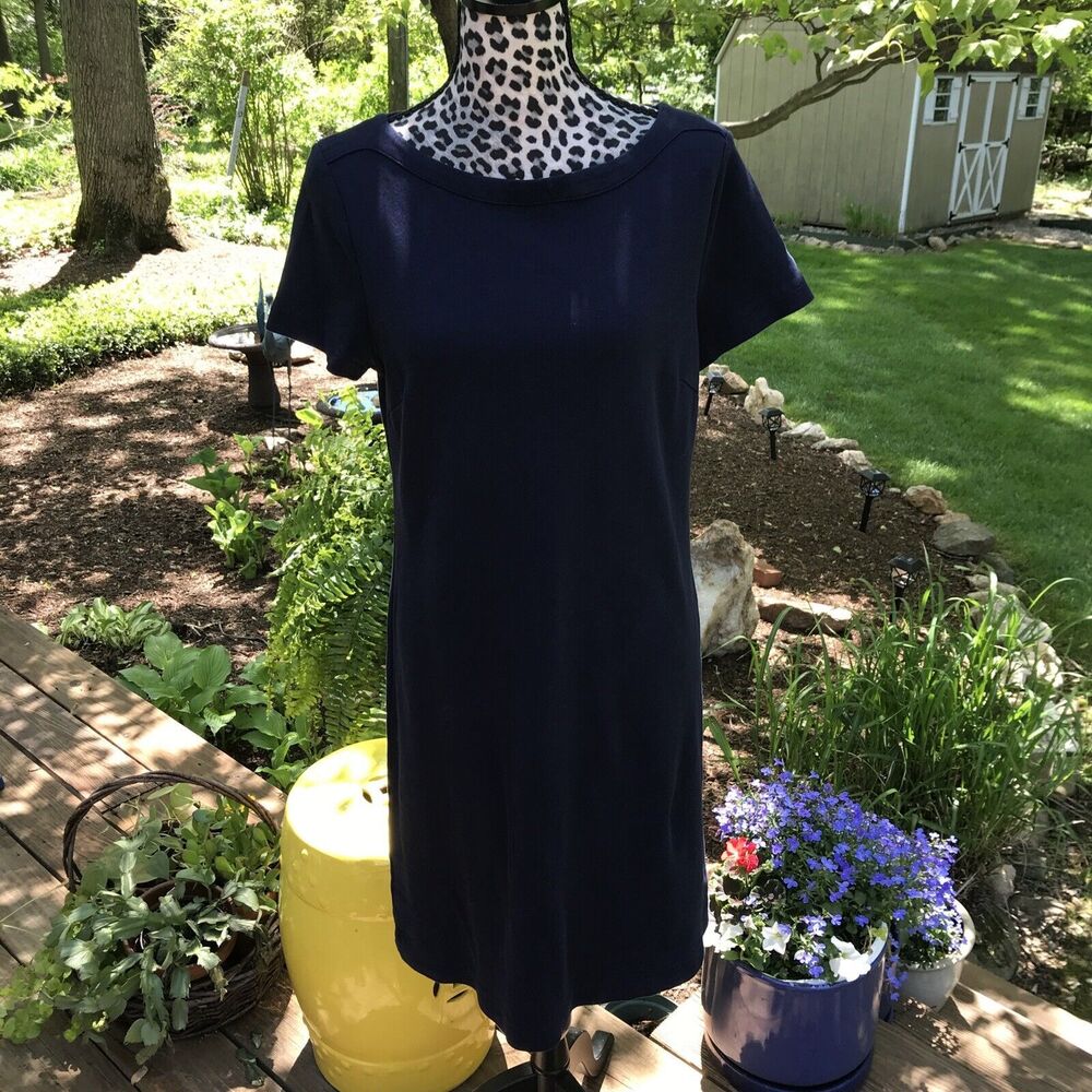 Talbots woman’s multi-season dress size L solid blue color 100% cotton knit EUC